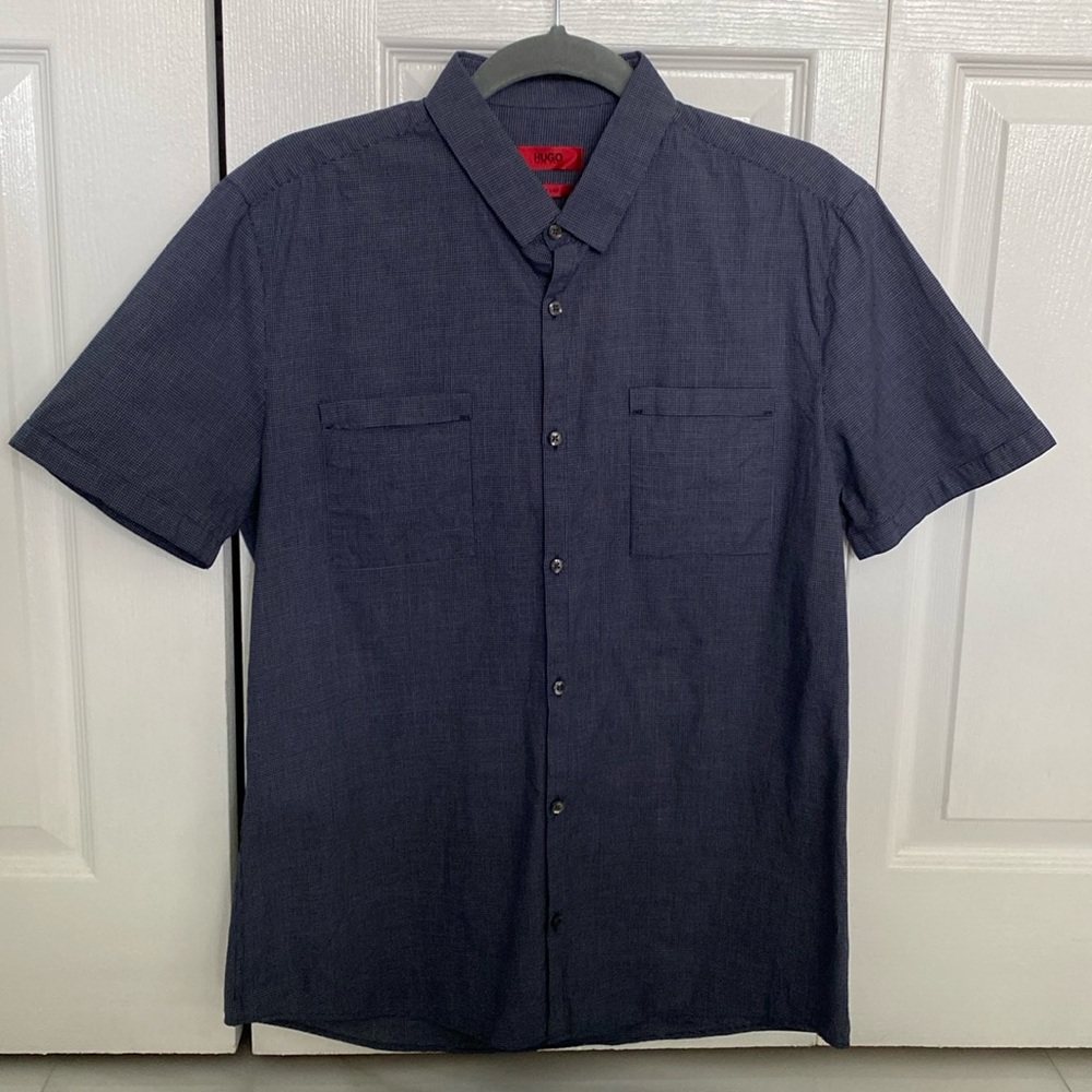 HUGO casual button down shirt.  Dark navy white lines (squares).  Med/Slim Fit
